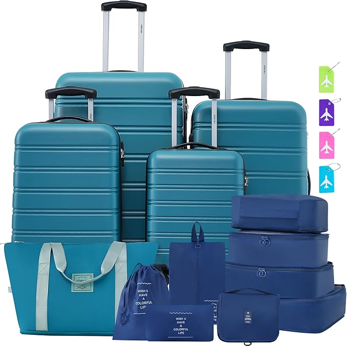 Merax Luggage sets of 13 Piece 16 20 20 28 IN Carry on Luggage Hard Case Blue Luggage Expandable Checked Luggage Suitcase Set with Wheels