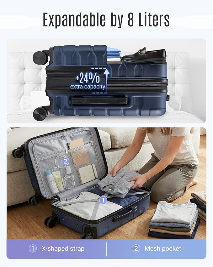 LIGHT FLIGHT Carry On Luggage 22x14x9 Airline Approved, Expandable Carry On Suitcases with Wheels, Lightweight Luggage, Durable Hard Shell 20 Inch Rolling Suit Case for Men Women Travel, Dark Blue