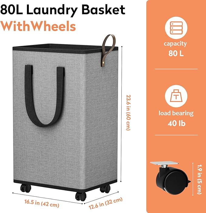 Laundry Basket with Wheels, Collapsible Laundry Baskets, Laundry Hamper with Handles Detachable Wheels, Rolling Laundry Basket, Dirty Clothes Hamper for Bathroom, Dorm, Bedroom, Grey, 80L