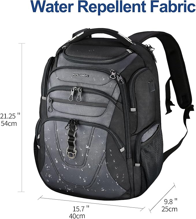 KROSER Friendly Travel Laptop Backpack 18.4 inch XXXL Gaming Backpack Water-Repellent College Daypack Business Backpack with RFID Pockets & USB Port for Men/Women-Black/Grey