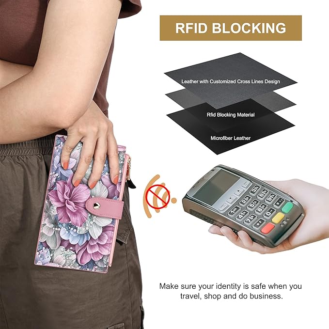 Travelambo RFID Wallet Women Large Size Bifold Multi Card Wallet Case with Zipper Pocke Credit Card Holder for Women