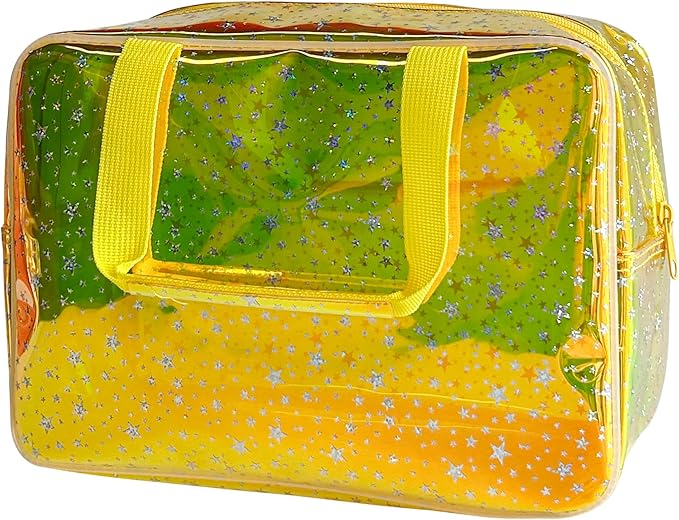 Holographic Yellow Clear Star Large Cosmetic Bag and TPU Travel Pouch with Handle,Durable Material,Zipper Design-Ideal for Makeup,Travel Essentials (Yellow)