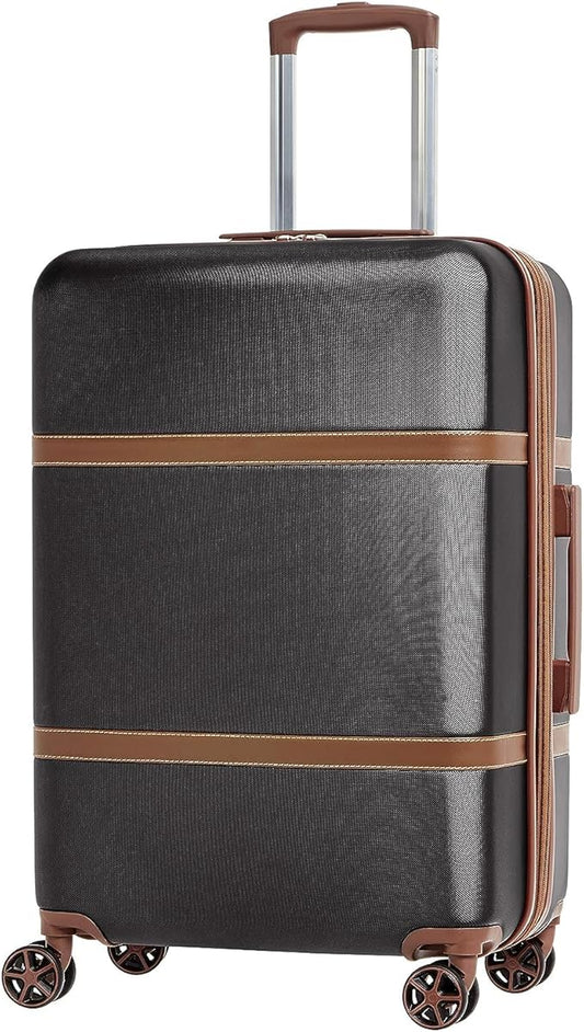 Amazon Basics 26-inch Hardside Checked Luggage With Leather Detailing, Expandable Spinner Suitcase With 8 Multi-directional Wheels, Scratch-Resistant Surface, Black