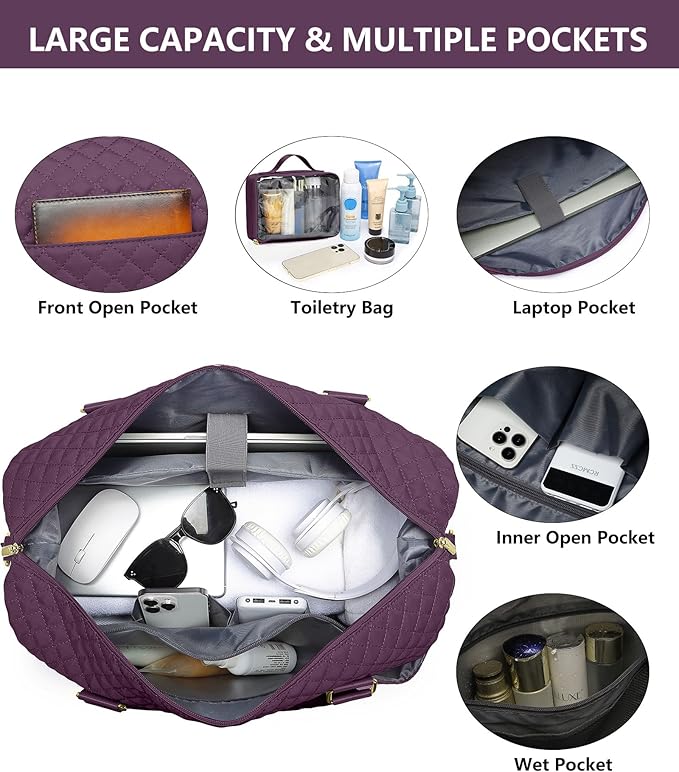 Women Weekender Travel Duffle Bag: Travel Duffel Overnight Bags with Shoe Compartment Carry on Tote Bag Toiletry Bag Weekend Yoga Gym Hospital Bags for Labor and Delivery with Wet Pocket Dark Purple