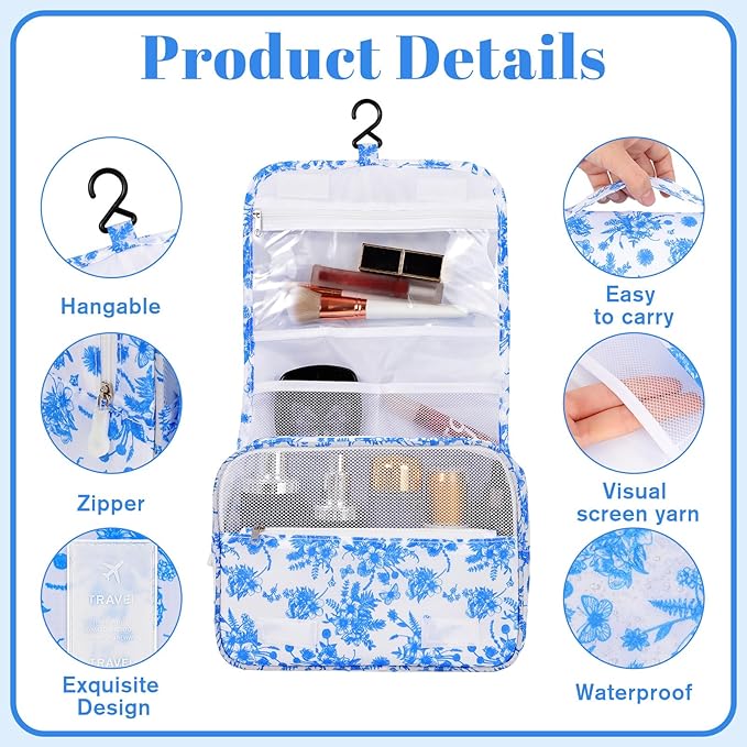 Pengxiaomei Hanging Toiletry Bag, Blue Vintage Floral Waterproof Cosmetic Bag Portable Makeup Pouch Travel Wash Bag with Handle for Kids Teen Girls Camping Tea Party Mothers Day Gifts