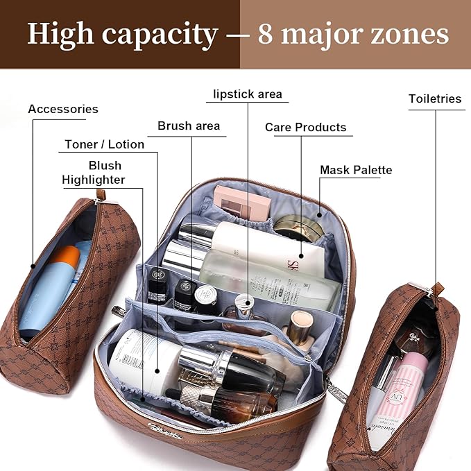 BOYATU Travel Makeup Bag Cosmetic Bags for Women: 3 Pcs Set Large Capacity Make up Bag with Handle - Vegan Leather Toiletry Bags with Compartments - Makeup Organizer for Travel Essentials(A-6-Brown)