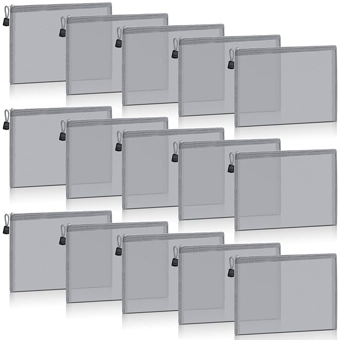 Outus 15 Pieces Mesh Bags Pouch Mesh Zipper Pouch Makeup Bags Cosmetic Travel Organizer Zipper Pencil Case for Organizing Office travel Storage(9.84 x 7.09 Inches,Gray)