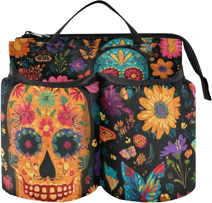 Mexican Folk Art Skulls and Flowers Luggage Cup Holder Travel Portable Free Hand Drink Carrier Suitcase Drinks Beverage Holder Carry-On Bottle Mug Holder Organizer Bag Travelers Accessories