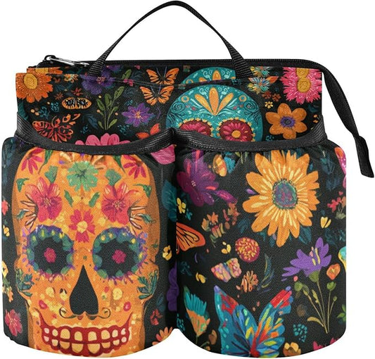 Mexican Folk Art Skulls and Flowers Luggage Cup Holder Travel Portable Free Hand Drink Carrier Suitcase Drinks Beverage Holder Carry-On Bottle Mug Holder Organizer Bag Travelers Accessories
