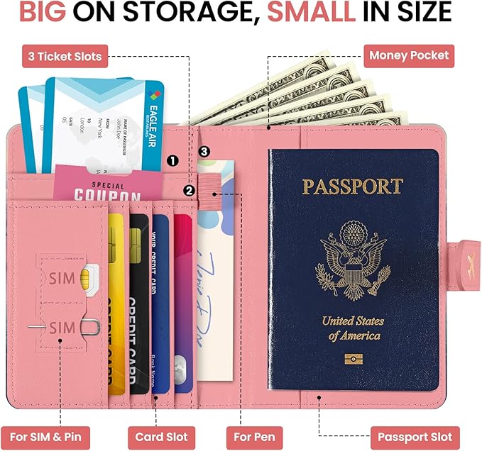 Passport Holder for Travel Essentials, RFID Blocking Leather Cover Wallet with Magnetic Closure, Aesthetic & Cute Passport Book Case for Women and Men - Sunrise (Upgraded with Money Pocket)