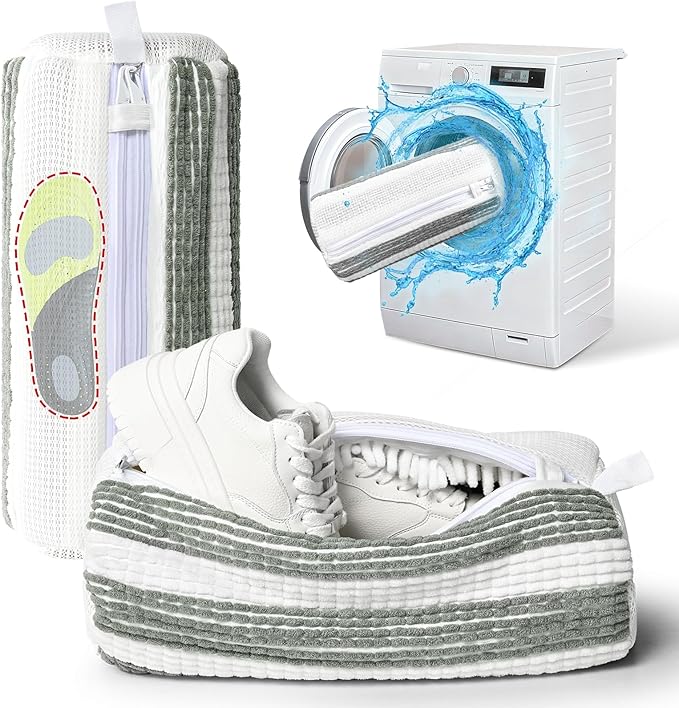 Anybar Shoe Washing Machine Bag –2 Pcs Reusable Laundry Shoe Bag 360° Deep Cleaning Sneaker Washing Machine Bag Fits All Shoe Types Microfiber Inside with Self-locking Zipper (Grey White)