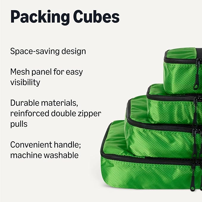 Amazon Essentials 4-Piece Packing Cubes Travel Accessories Set, Luggage Organizer with Double Zipper, Mesh Top, Space-Saving for Suitcases, Small/Medium/Large/Slim, Green (Previously Amazon Basics)