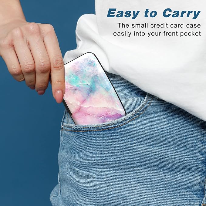 Credit Card Holder, Mini Aluminum Card Wallet RFID Blocking Slim Metal Hard Card Case for Women Men, Colorful Marble