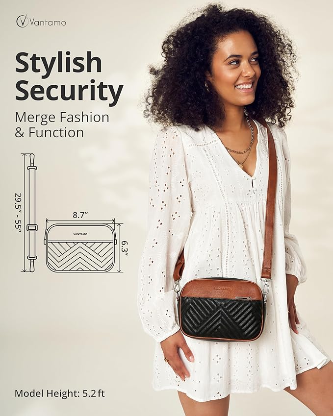 Vantamo Premium Quilted Crossbody Bags for Women with Anti-Pickpocket Clip, Vegan Leather Handbags, Travel Purses for Women