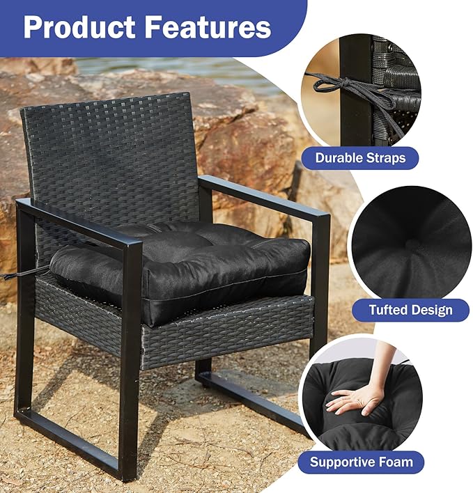 Outdoor Chair Cushions Set of 4, Patio Chair Cushions with Ties,19x19+5” Tufted Outdoor Seat Cushions, Waterproof Patio Furniture Cushions, Outdoor Dining Chair Pads, Black