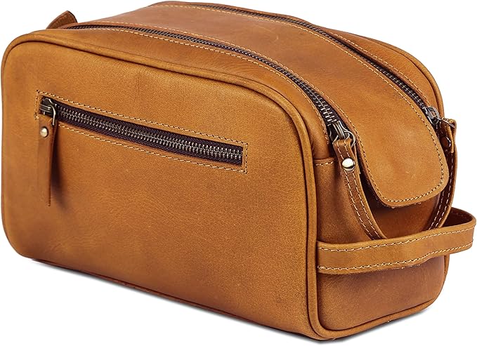 KomalC Travel Toiletry Bag – Premium Leather Dopp Kit for Men & Women with Water-Resistant Lining & Spacious Zippered Organizer