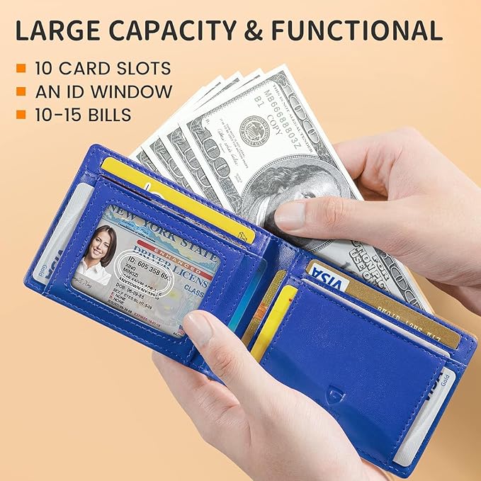 GSOIAX Slim Wallet for Men Rfid Blocking Leather Bifold Front Pocket Carbon Fiber Credit Card Holder Novelty Wallets With Gift Box (Blue and Carbon Black)