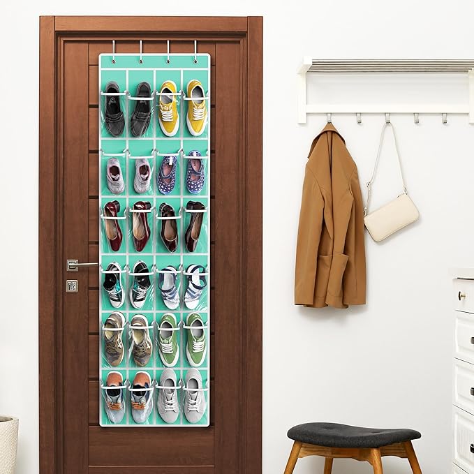 Simple Houseware 24 Pockets - Crystal Clear Over The Door Hanging Shoe Organizer, Turquoise (64'' x 19'')