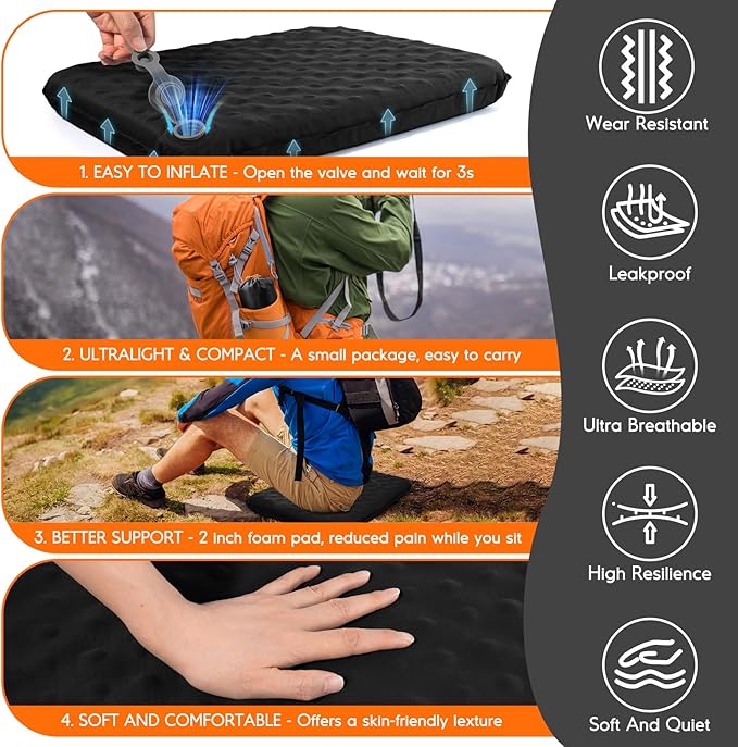 Inflatable Seat Cushion, Self-Inflating Memory Foam Stadium Seats Cushion Lightweight & Compact Chair Sitting Pad Airplane Cushion for Long Flight Travel Outdoor Camping Car Bleachers Office