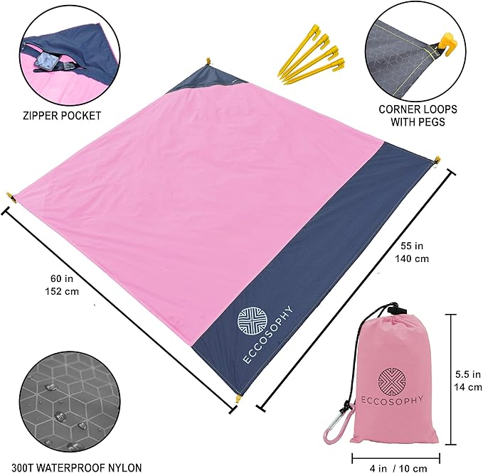ECCOSOPHY Sand Proof Beach Blanket - Waterproof Picnic Blanket 60x55 Outdoor Compact Pocket Blanket Lightweight Ground Cover for Hiking Camping Festivals Sports Travel with Bag & Stakes (Pink)