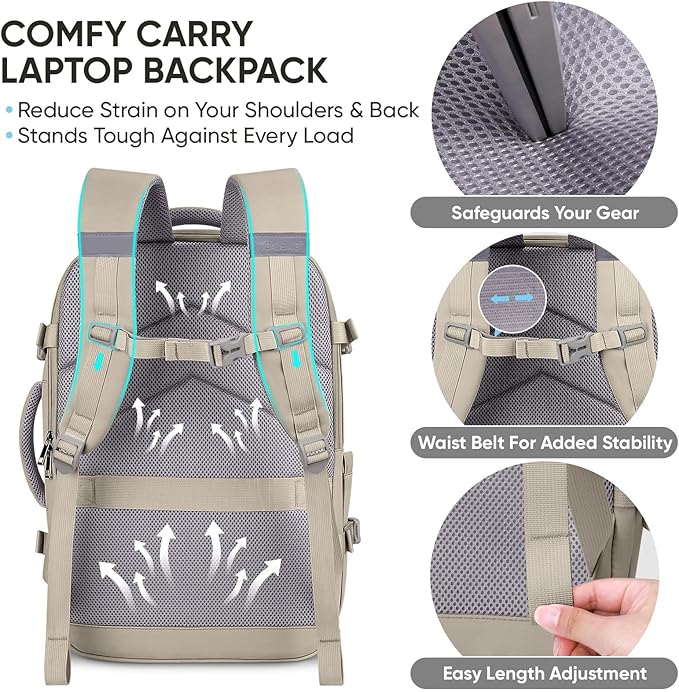 BALEINE Travel Backpack for Women Men, Large Sturdy Carry On Laptop Backpack Gifts for Business, Casual, Weekender, Hiking (Large, Khaki)