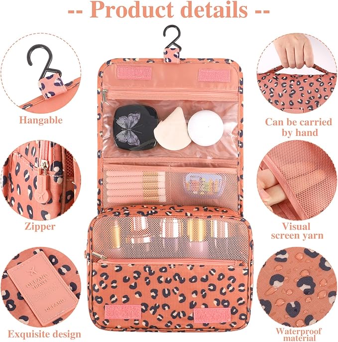 Pengxiaomei Hanging Toiletry Bag, Leopard Orange Waterproof Cosmetic Bag Portable Makeup Pouch Travel Wash Bag with Handle for Women Teen Girls Birthday Mothers Day Gifts