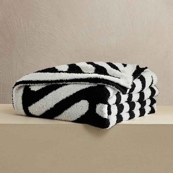 Throw Blanket, Soft Cozy Fluffy Striped Throw Blankets for Couch, Sofa, Bed, Chair, Warm Fuzzy Plush Lightweight Decorative Stripe Blanket, Black White, 50x60 inches