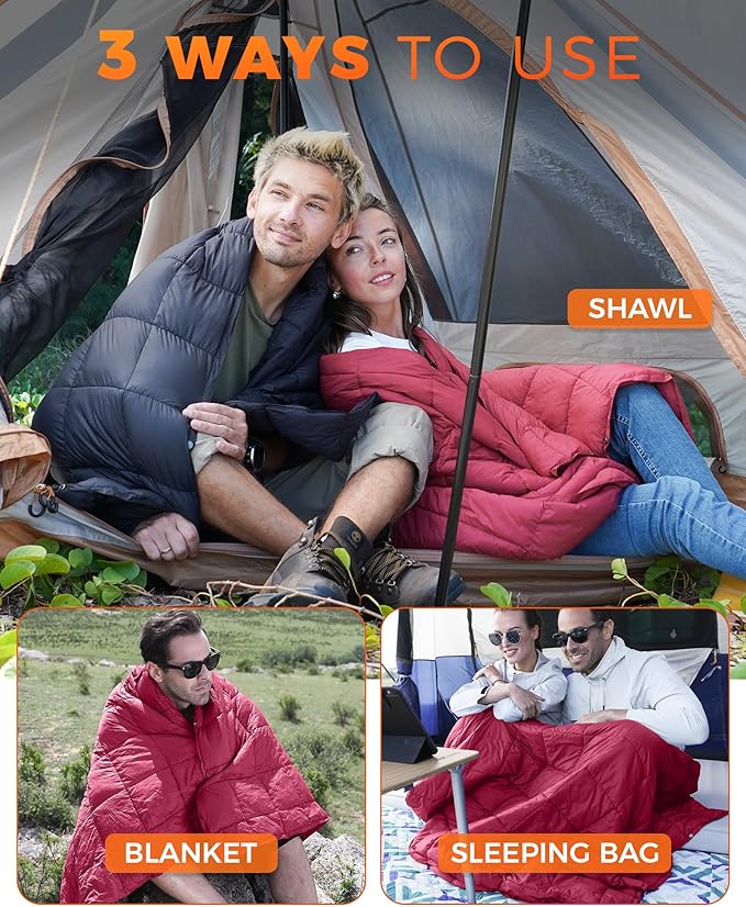 KingCamp Ultralight Camping Blanket, Packable Down Alternative Puffy Wearable Blankets Weatherproof Warm Package Quilt with Snap Buttons for Outdoor Hiking Travel Picnic Stadium (78.7" L x 56.7" W)