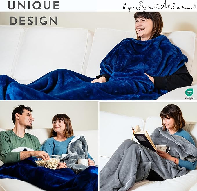 Plush Fleece Lightweight Foot Pocket Blanket - TV Throw Blanket - Premium Gifts for Men Who Want Nothing - Gifts for Gamer Dad -Patent Pending (Fleece, Velvet Blue)