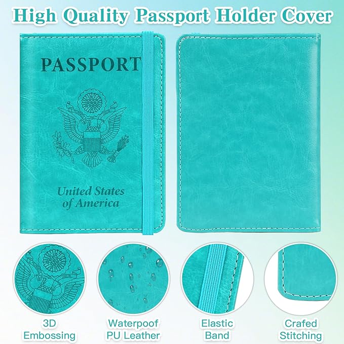 Passport Holder for Travel, RFID Blocking Passport Cover with Pen Holder Leather Passport Wallet Case Travel Must Haves Accessories Passport Book Card Holder for Family Travel Essentials, Turquoise