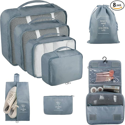 Packing Cubes, 8 Pcs Travel Packing Organizers for Suitcases, Large Capacity Travel Luggage Organizers Set includes 8 Storage Bags for Women or Men (Grey)