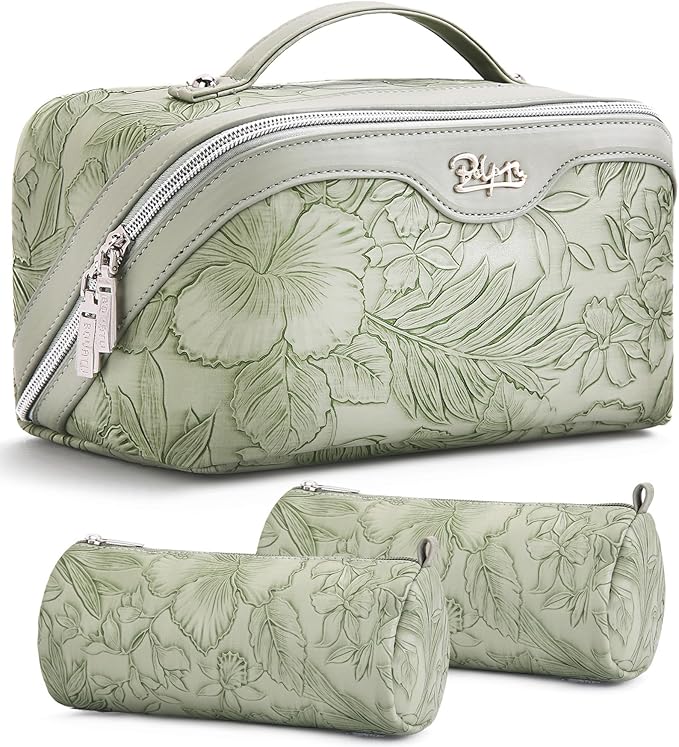 BOYATU Travel Makeup Bags Cosmetic Organizer Bag: 3-Set Large Capacity Make up Bag - PU Leather Toiletry Bags for Women - Wide Open Portable Pouch with Divider & Handle (02-Light Green)