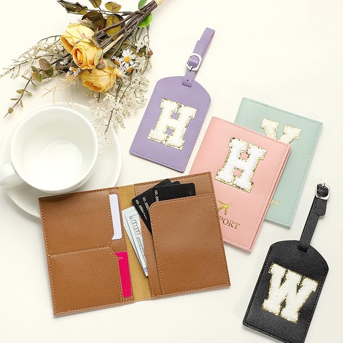 PATIKIL Passport Holder for Travel, Initial Passport Cover and Luggage Tag Set with Alphabet Chenille Letter Patch Travel Wallet Bag Suitcase Identifier for Women Family Travel Black V