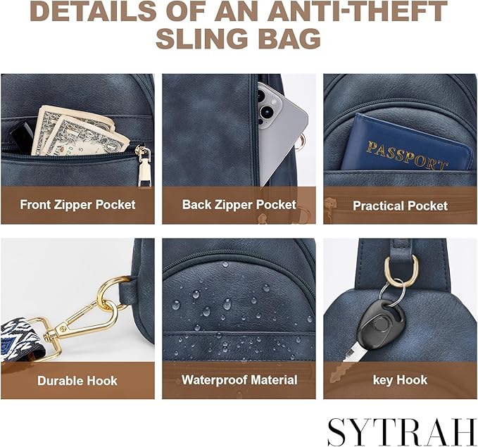 SYTRAH Anti Theft Crossbody Bags for Women, RFID Sling Bag Travel Purse, RFID Cross Body Purses Chest Bag for Travel Navy Blue