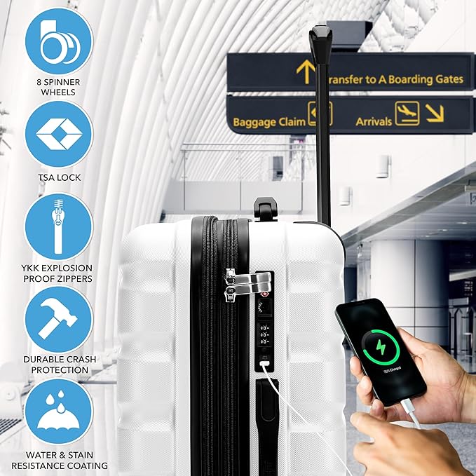 Flight Knight 24x16x10 Expandable Carry On Suitcase Hardside TSA Lock USB C Lightweight Luggage Silent Double Spinner Wheels Maximum Overhead Carry-On Bag For Virgin South West Approved White