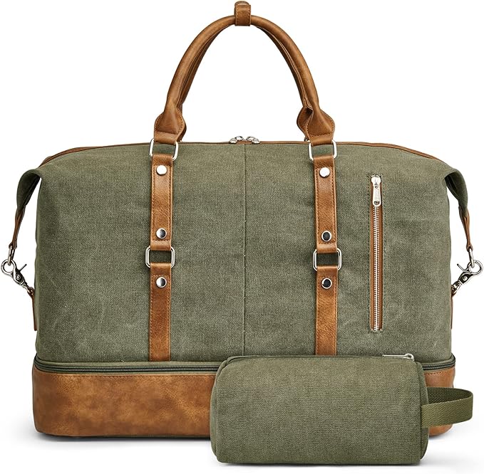S-ZONE Weekender Bag for Men Canvas Duffle Large Weekend Overnight Travel Carry On Tote Bag with Shoe Compartment (Army Green)