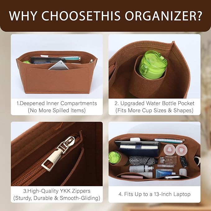 Premium Felt Purse Organizer Insert for Longchamp Le Pliage, Zipper Long Champ Bag Organizer Insert with Cup Holder, 9 Compartments