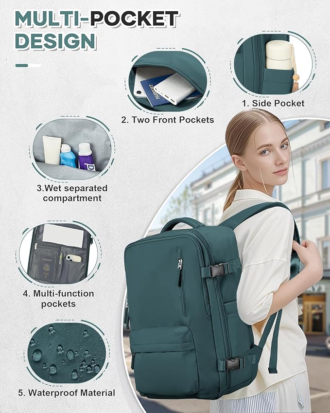 VECAVE Travel Backpack,Carry On Backpack for Women,Airline Flight Approved Waterproof 14 Inch Laptop Backpack with Shoe Compartment Casual Daypack Backpacks PeacockBlue