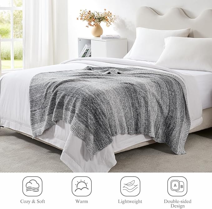 Throw Blanket, Grey Gradient Soft Cozy Fluffy Knitted Throw Blankets for Couch, Sofa, Bed, Chair, Warm Fuzzy Plush Travel Picnic Lightweight Blanket, 50x60 inches
