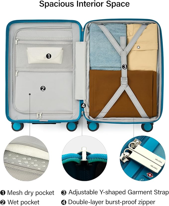 MILADA Expandable Carry On Luggage 20 Inch - Airline Approved Hardshell Suitcase with 8 Spinner Wheels, TSA Lock, Water-Resistant PC Shell, Lightweight & Durable for Travel, Caribbean Blue