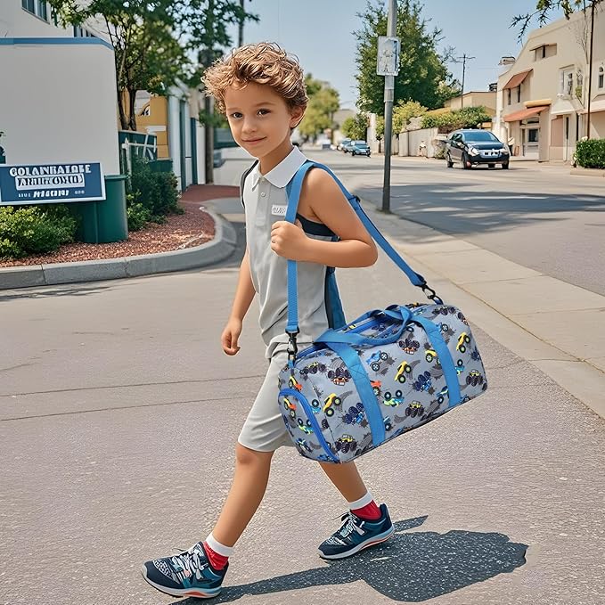 BTOOP Duffle Bag for Girls Kids Gym Sports Women Workout Travel Bag Weekender with Shoe Compartment and Wet Pocket (Truck-Blue)
