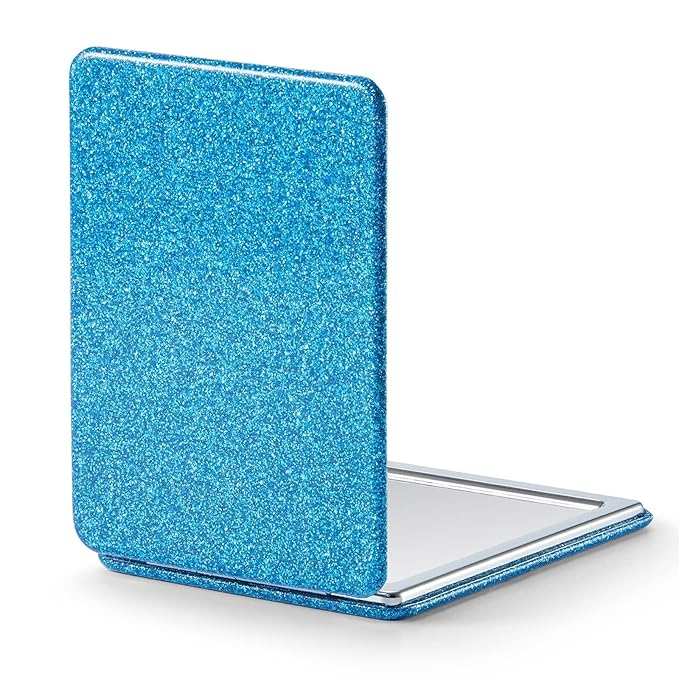 OMIRO Compact Mirror, Glitter PU Leather 1X/3X Magnification, Ultra Portable for Purses, 2.4" W x 3.4" L (Blue)