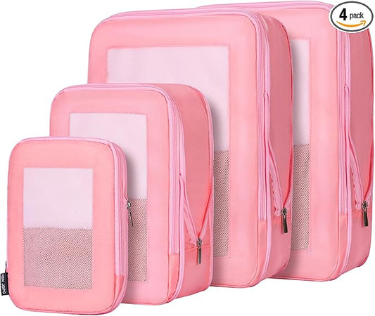 4 Set Ultralight Compression Packing Cubes Travel for Suitcases ，Compressible Mesh Packing Cubes for Travel Women Packing Organizers (Pink)