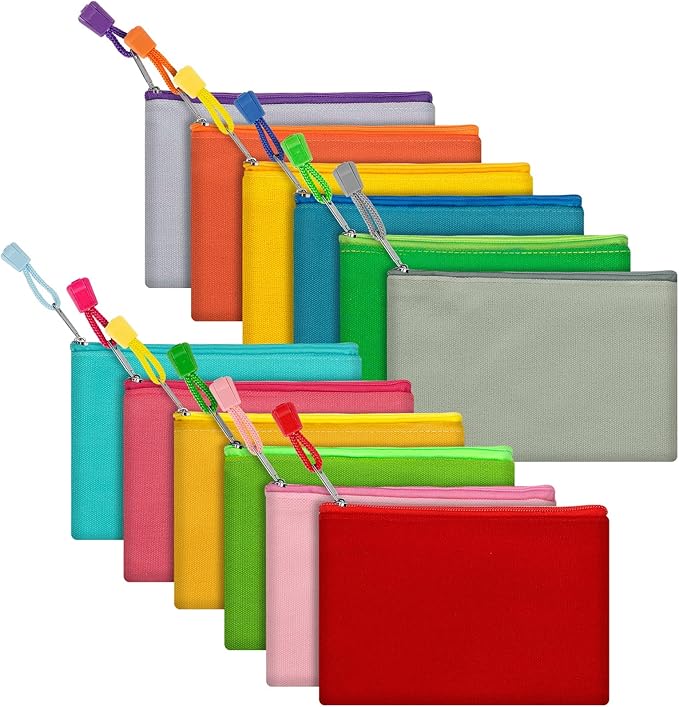 12 Pack DIY Craft Cotton Canvas Bag, Multi-Purpose Cosmetic Bag Makeup Pouches with Zipper Travel Toiletry Bag Pen Pencil Bag (Multicolor, S) (D003)