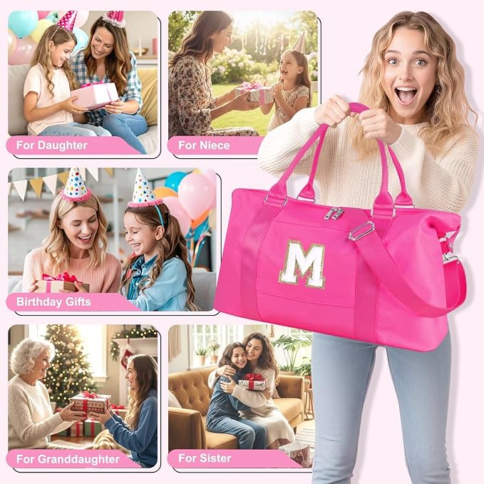 Dance Gym Duffel Bag for Teen Girls, Personalized Initial Travel Weekender Bag,Cute Overnight Carry On Duffle for Women,Sports Travel Cheer Bag,Monogram Christmas Gifts for Tween Preppy(rosered-M)
