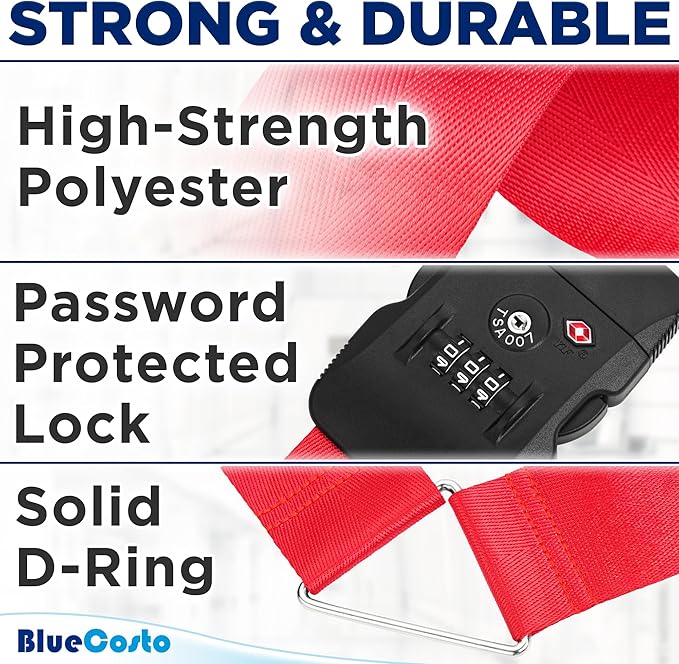 BlueCosto - Luggage Strap with TSA Lock - 7 to 13 ft Adjustable, Bright Red - TSA Approved Suitcase Security Belt with 3 Digit Combination Locking - 2" Wide Heavy Duty Baggage Strap for Secure Travel