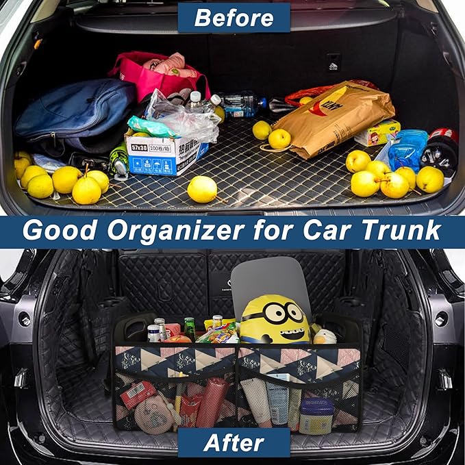 Deosk Trunk Organzier and Storage with 6 Big Pocket,Car Accessories for Women/Men 50L Waterproof Polyester for Car/SUV/Minivan/Truck(Medium, Triangle)