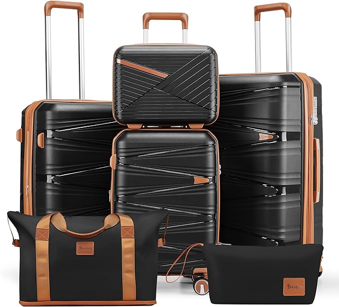 6 Piece Luggage Set PP Hardshell, Expandable Suitcase Set with Spinner Wheels (20/24/28), Includes 14" Cosmetic Case, Travel Duffel & Toiletry Bag, Lightweight TSA Lock Nested Set (Black)