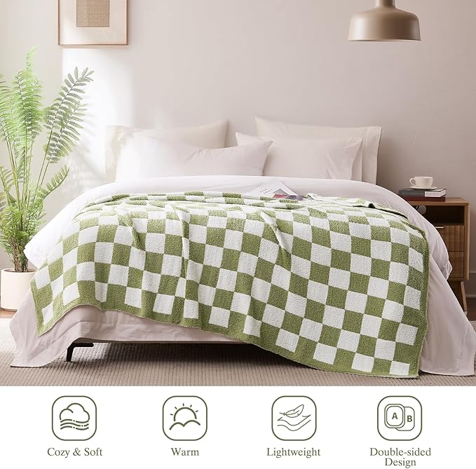 Checkered Throw Blanket, Sage Green Soft Cozy Fluffy Knitted Throw Blankets for Couch, Sofa, Bed, Chair, Warm Fuzzy Travel Picnic Lightweight Plaid Blanket, 60x80 inches