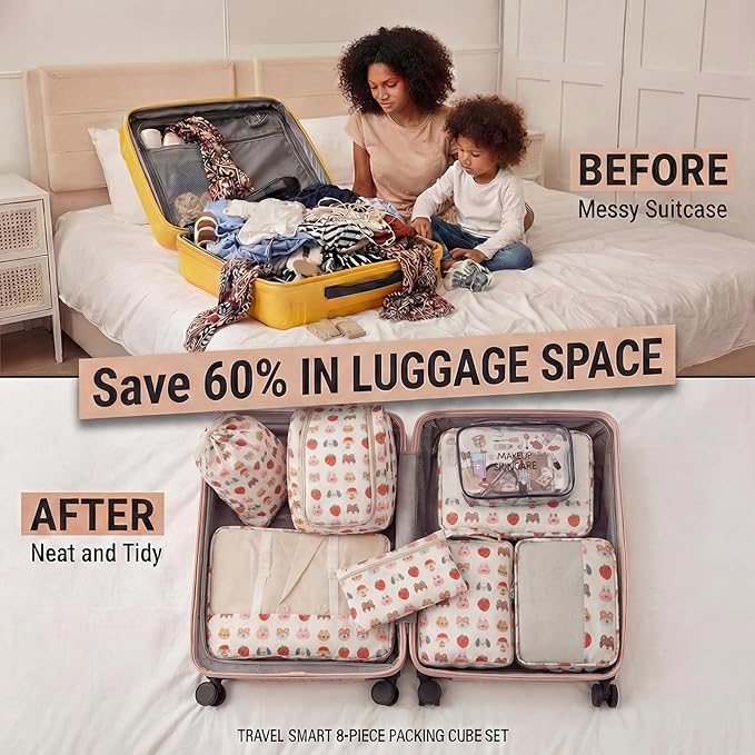 8 Set Packing Cubes for Travel with Clear Toiletry Bag, Durable Luggage Packing Organizers, Carry-On Accessories, TSA Approved See-Through Cubes, Space-Saving Storage Bags, Gifts for Women